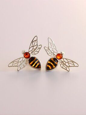 Baltic Amber Bee Earrings in Sterling Silver